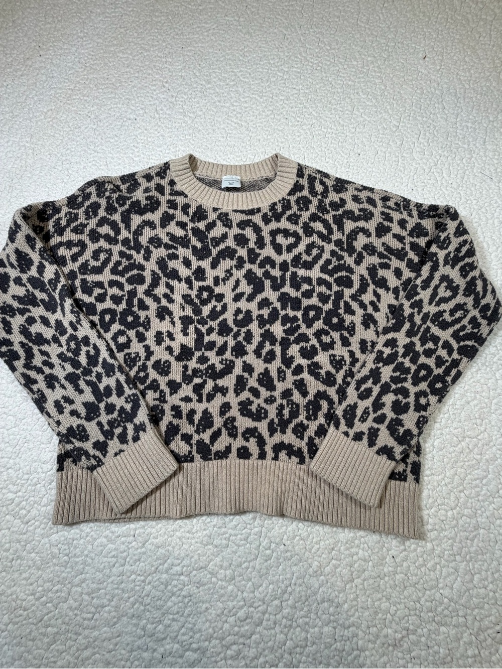 abercrombie kids Leopard Jacquard Crewneck Sweater in Taupe and Black